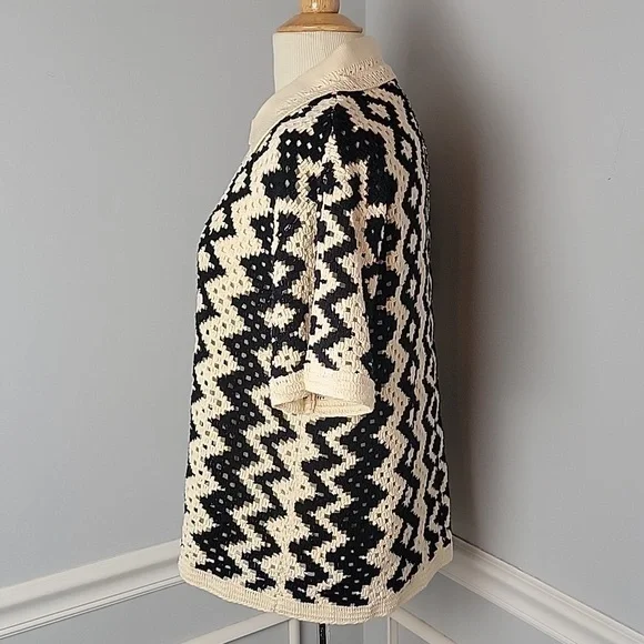 ILLA ILLA Cream Black Crochet Knit Collared V-Neck Short Sleeve Cardigan Sweater - Picture 2 of 12